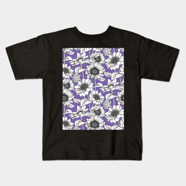 Sunflowers Line Art Pattern Kids T-Shirt by Designoholic